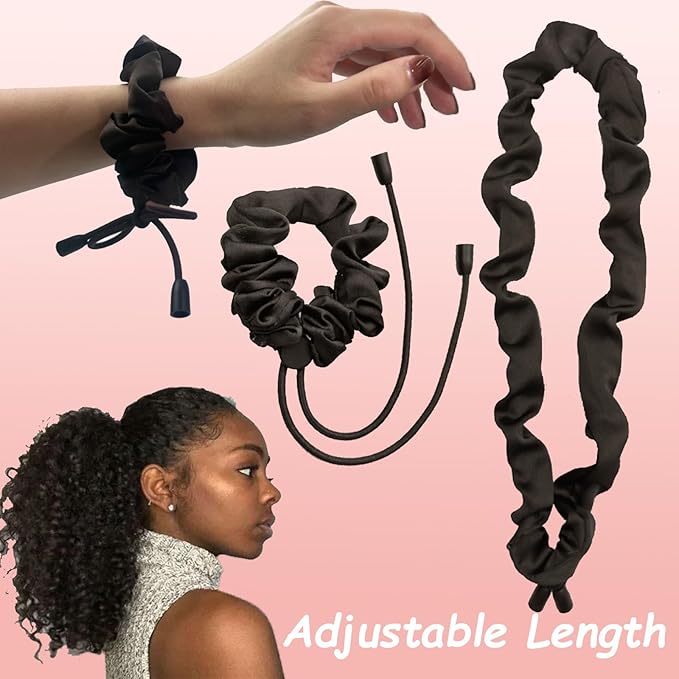 4pcs Black Adjust Satin Hair Scrunchies for Women Girls, Adjustable Hair Ties Soft Than Silk for 4c Girlie Thick Curly Natural Hair, Easy to Use Hair Accessories for Afro Puff Loc Ponytails