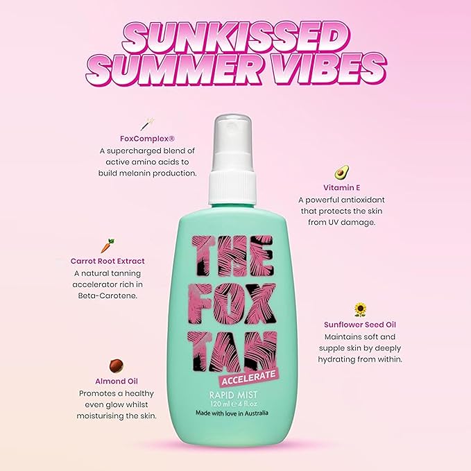 The Fox Tan Rapid Tanning Mist, Tanning Accelerator Mist For Darker & Faster Tans, Creates Golden, Flawless Tan Skin, Vegan & Cruelty Free, 120mL