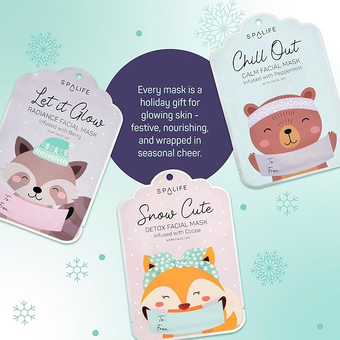 SpaLife Beauty Holiday Gift Tags Christmas Face Mask Bundle | Korean Facial Masks | Hydrating, Tone Evening, Refreshing Christmas Sheet Mask Set | Christmas Gifts for Women | 9 Pack