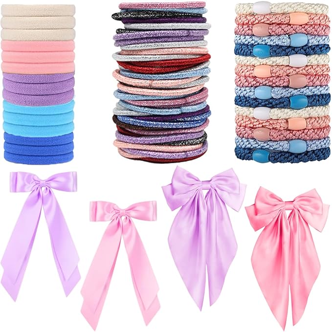 Hair Ties for women 5 styles Hair Elastics(15 No Damage Hair Ties 50 High Elastic Ties 15 Ponytail Holders 4 Bow Hair Clips 20 Snap Hair Clips) Pain-free No Crease multiple colors for all hair types