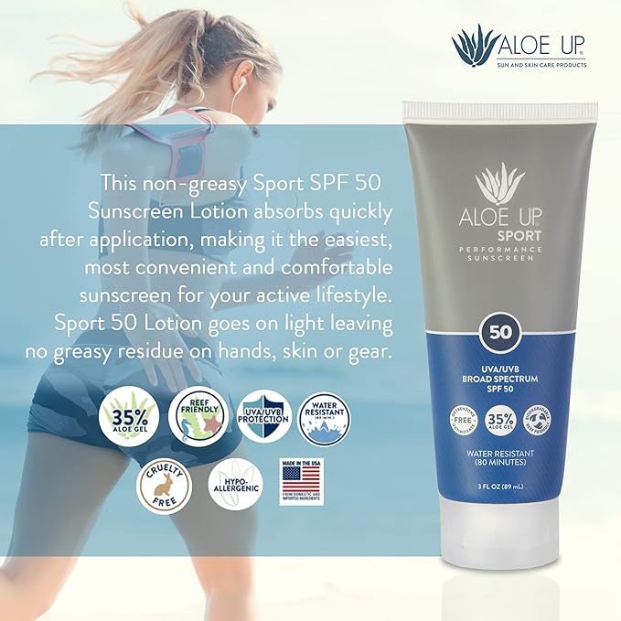 Aloe Up Sport Sunscreen Lotion SPF 50 - Broad Spectrum UVA/UVB Sunscreen Protector for Face and Body - With Hydrating Aloe Vera Gel - Non-Greasy - No White Cast - Reef Safe - Fragrance-Free - 3 Oz