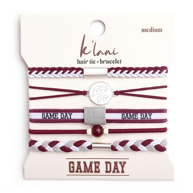 K'lani Game Day Hair Tie Bracelets – 5-Pack Stretchy No-Crease Hair Ties & Stylish Bracelets – Team Color Accessory for Hair or Wrist - Maroon & Gray, Large