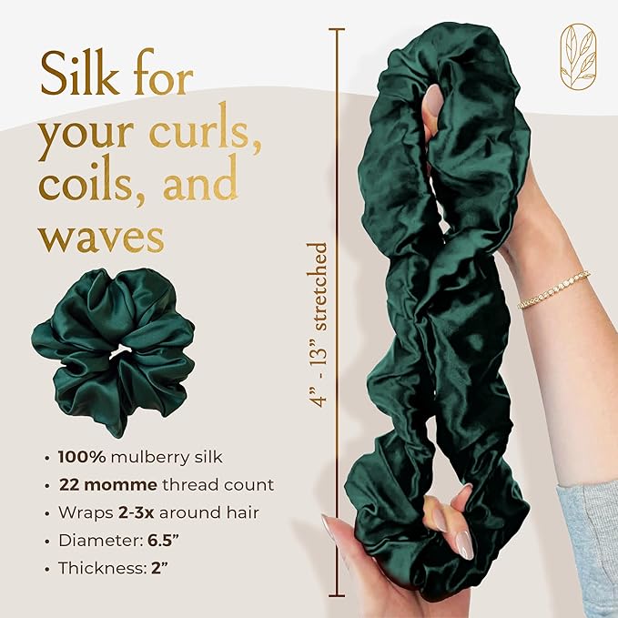 Silk Scrunchies for Women Ponytail Holders – Oversized Mulberry Silk Scrunchie – Extra Large No Damage Hair Tie for Curly, Thick, and Thin - Hair Accessories for Women – Emerald, XL By Curlfriend