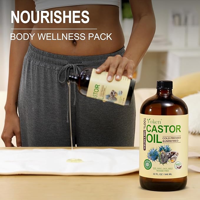 EWG Verified Castor Oil Glass Bottle 32 fl oz (with Pump) 100% Pure Castor Oil for Skin Face Hair, Cold Press, Hexane Free, Unrefined Caster oil for Pack Wrap Deep Nourish Body