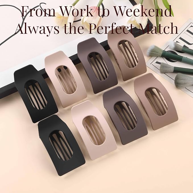 8 Pack Neutral Flat Hair Clips for Women – Large Matte No-Slip Rectangle Claw Clips Thick & Thin Hair in Brown, Black, and Blonde, Strong Hold Square Hair Accessories for Work or Daily Wear