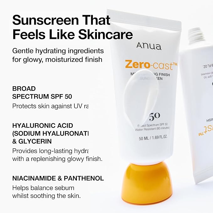 Anua Zero-Cast Moisturizing Finish Sunscreen,SPF 50, Glow Natural Sunscreen,No White Cast, Hyaluronic Acid, Niacinamide Sun Block For face,Oil-Free, Oxybenzone Free, Travel Essential (50ml/1.69fl.oz)