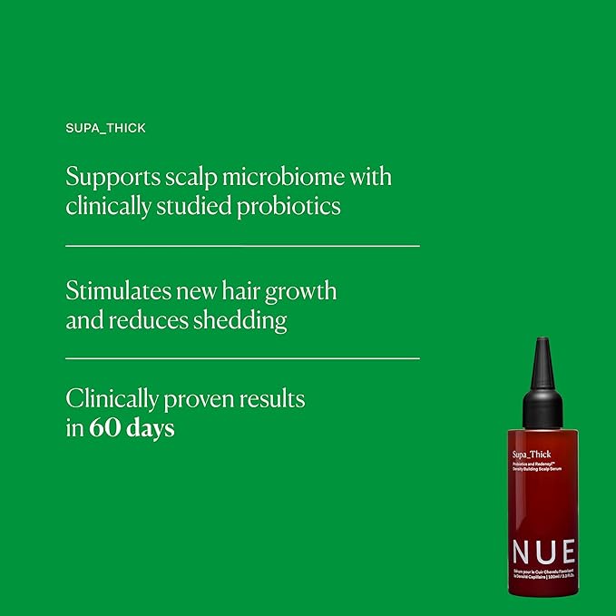 The Nue Co. Supa Thick Hair Serum - Lightweight Topical Hair Supplement for Growth & Reduced Shedding - Vegan Density Building Scalp Serum for All Hair Types | 4 oz (100 mL)