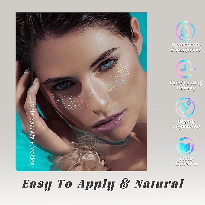 12 pcs Holographic Multichrome Glitter Freckles Face Tattoo, Waterproof Sparkle Face Glitter Speckles Patches for Women, Cute Star Glitter Temporary Tattoo Makeup Accessories for Festival Rave