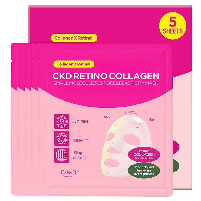 CKD Pore-Tightening & Firming Face Mask (5ea) – Korean Hydrogel Sheet Mask for Glass Skin, Minimizes Pores & Boosts Firmness with 3rd Retinal & Low Molecular Collagen, Korean Skincare