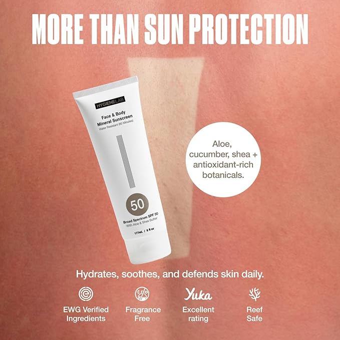HygieneLab Mineral Sunscreen SPF 50 – Invisible Sheer Finish, Rated Excellent on Yuka, Zinc Oxide, Broad Spectrum UVA/UVB Protection, Reef Safe, Aloe Vera & Shea Butter Hydration (Large 6 oz)