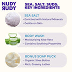 Nudy Rudy Sea Salt Suds 2 Pack, Liquid Body Wash Bundle with Bonus Soap Bar, Aloe Vera and Vitamin E, Moisturizing Shower Gel and Hand Soap for Men and Women 16.9 fl oz and 4.2 oz