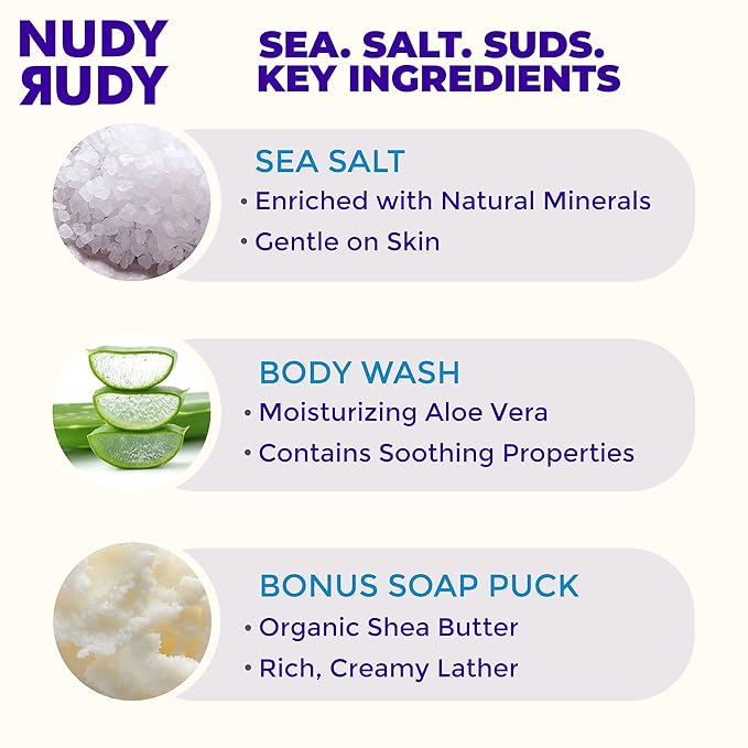 Nudy Rudy Sea Salt Suds 2 Pack, Liquid Body Wash Bundle with Bonus Soap Bar, Aloe Vera and Vitamin E, Moisturizing Shower Gel and Hand Soap for Men and Women 16.9 fl oz and 4.2 oz