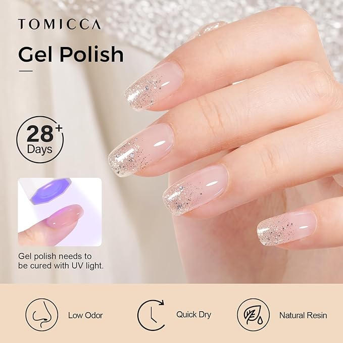 TOMICCA Glitter Gel Polish, 15ml Silver Sparkle Clear Gel Nails Polish, Soak Off UV LED Cure Needed Transparent Shimmer Nail Art Manicure French Salon Gifts For Woman