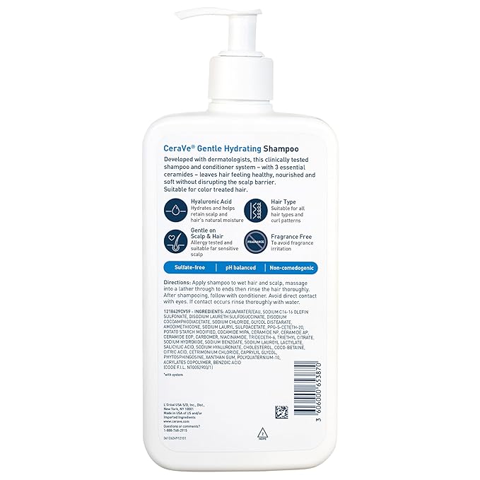 CeraVe Gentle Hydrating Shampoo, With Ceramides, Niacinamide & Hyaluronic Acid For Soft, Healthy Looking Hair & Scalp, Sulfate Free & Color Safe Shampoo, For All Hair Types, 19 Oz