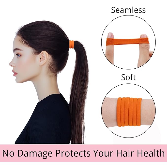 LuSeren 120 Pcs Orange Hair Ties for Women, No Damage Soft Seamless Nylon Hair Elastics for Thick Hair, Ponytail Holders, Solid Orange Hair Accessories