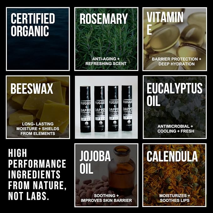 RUGGED & DAPPER Lip Balm for Men - Certified Organic + Natural Ingredients - 4 Pack - Hydrating Mens Chapstick - USA Made