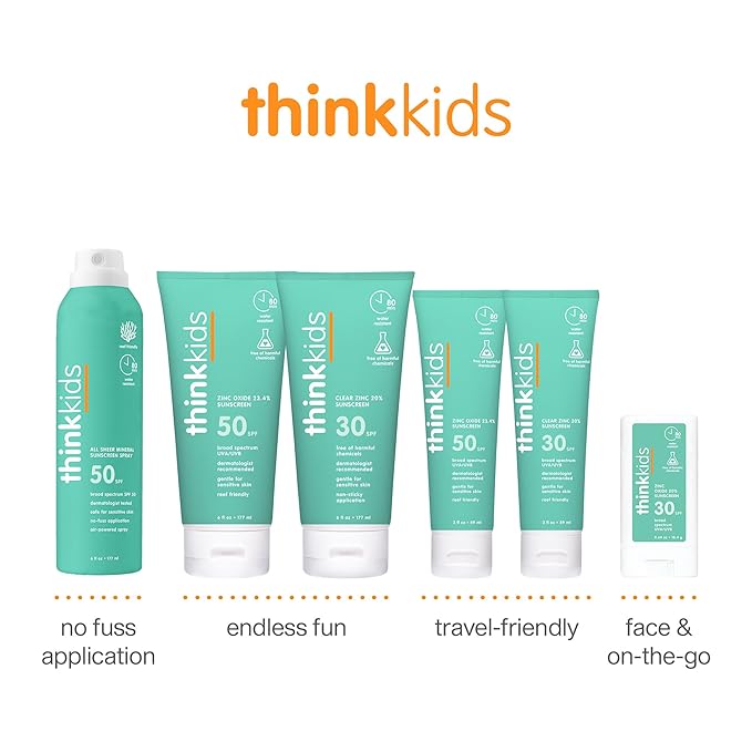 Thinkkids Safe Mineral Sunscreen SPF 50+, 3 Fl Oz, Natural, Water Resistant Reef Safe Sunscreen for Children, Broad Spectrum UVA/UVB Sun Screen