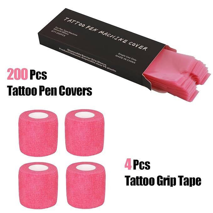 200 Pink Tattoo Pen Covers 4 Grip Tapes Large Tattoo Machine Covers Tape Wrap Supplies