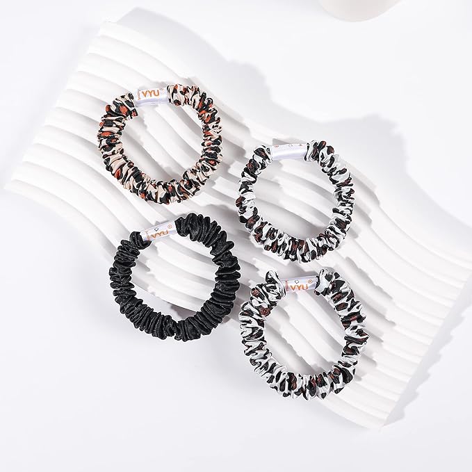 Hair Ties Silk Satin Scrunchies - Small Mini Thin Elestics Ponytail Holder Hair Bands Skinny Scrunchy For Thick Curl Hair No Crease Hair Ties Soft Accessories No Hurt Your Hair for Women and Girls (White Leopard Black)