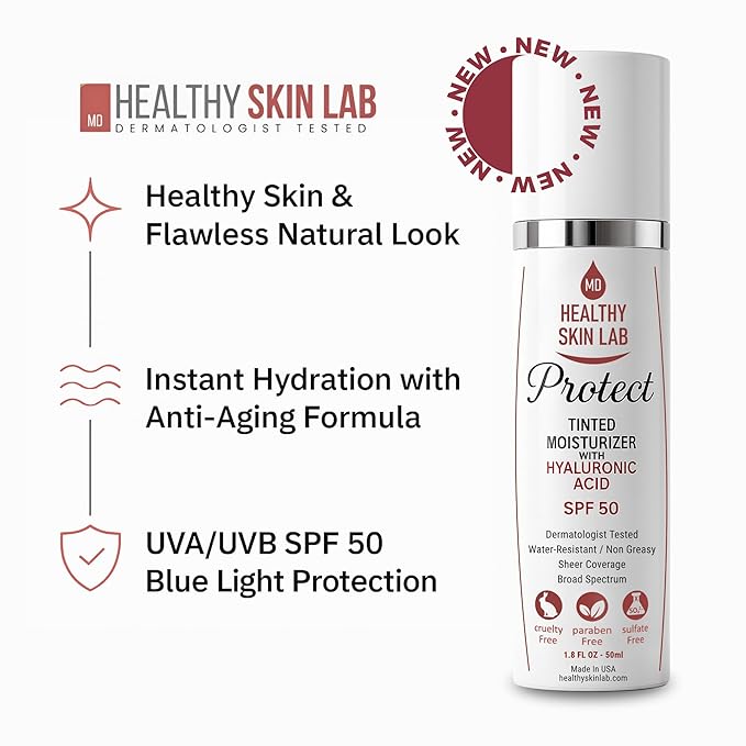 Healthy Skin Lab Protect Tinted Moisturizer & Mineral Sunscreen SPF 50, Sheer Universal Tint, Lightweight Coverage, Broad Spectrum UV Protection + Hyaluronic Acid, Dermatologist Tested, 1.8 oz