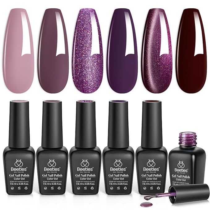 beetles Gel Polish Purple Gel Nail Polish Set - Muse Of Midnight Winter Deep Dark Light Purple Glitter Cat Eye UV Led Needed Soak Off DIY Salon Home Nail Art Gifts for Women