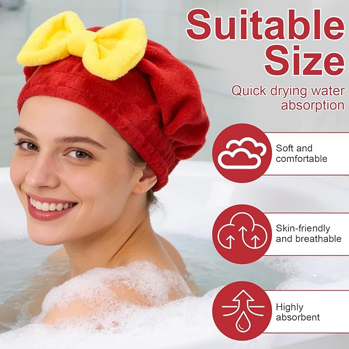 2 Pack Super Absorbent Hair Towel Wrap for Wet Hair, Super Absorbent & Quick-Drying, Thickened Soft Bow Tie Towels for Wet Hair (Red & Pink)