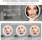 Rocollos 9" Wall Mounted Lighted Makeup Mirror, Large Double Sided 1X/10X Magnifying Mirror, 3 Color LED Vanity Mirror, Touch Dimmable 360° Swivel Light Up for Bathroom