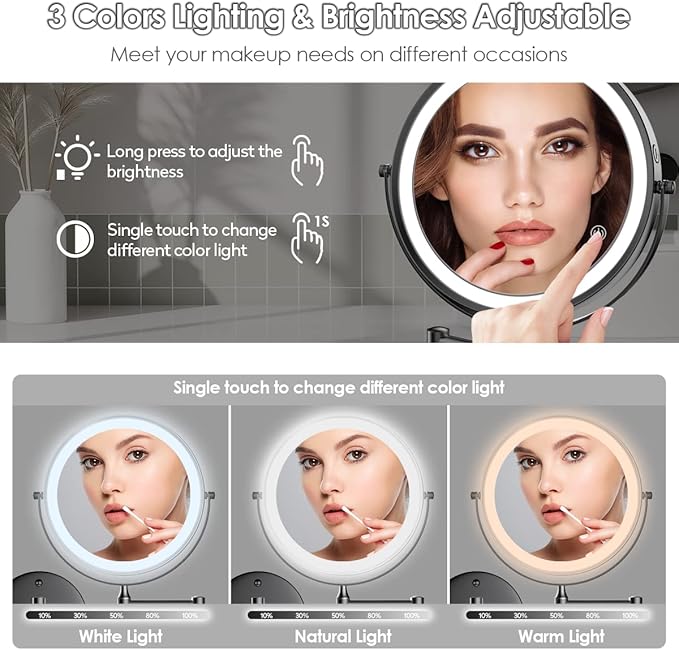 Rocollos 9" Wall Mounted Lighted Makeup Mirror, Large Double Sided 1X/10X Magnifying Mirror, 3 Color LED Vanity Mirror, Touch Dimmable 360° Swivel Light Up for Bathroom
