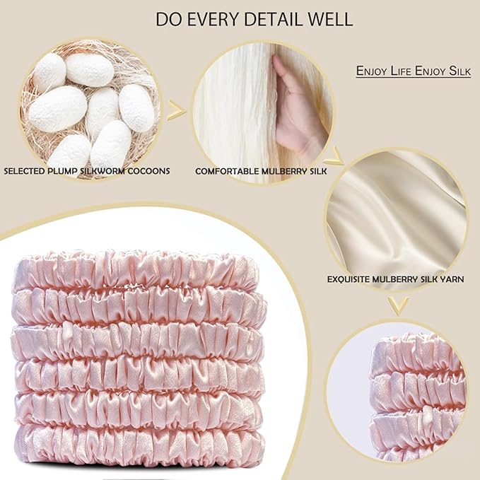 Suncdelv Silk,100% Silk Scrunchies for Hair,22 Momme Hair Ties for Anti-Crease & Breakage,Natural Women Hair Accessories，Fashion Hairbands 6PCS(Pink）