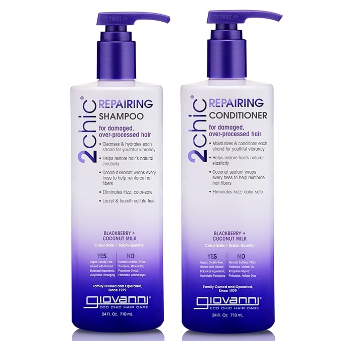 GIOVANNI 2chic Ultra-Repairing Shampoo & Conditioner Set - For Damaged, Over-Processed Hair, Helps Restore Hair's Natural Elasticity, Blackberry & Coconut Oil, Shea Butter, Color Safe - 24 oz. Each