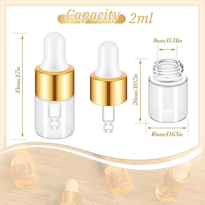 200 Pcs Mini Glass Oil Dropper Bottle Bulk, Clear Essential Small Empty Bottles Sample Containers Perfume Liquid Vials with Cap for Traveling (2 ml,Gold)