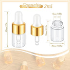 200 Pcs Mini Glass Oil Dropper Bottle Bulk, Clear Essential Small Empty Bottles Sample Containers Perfume Liquid Vials with Cap for Traveling (2 ml,Gold)