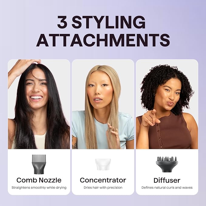 Wavytalk Hair Dryer, Blown Away Ionic Hair Dryer for Curly Hair with Diffuser, 1875W Fast Drying Blow Dryer with Ceramic Technology, 3 Attachments for All Hair Types, Light and Quiet, White