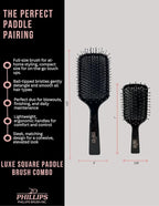 Phillips Brush Luxe Series Square Paddle Hairbrush Combo Pack – Full Sized 9.25 inch Detangler + 7 inch Purse Size Travel Detangler, Sleek Black Color with Gold Accents