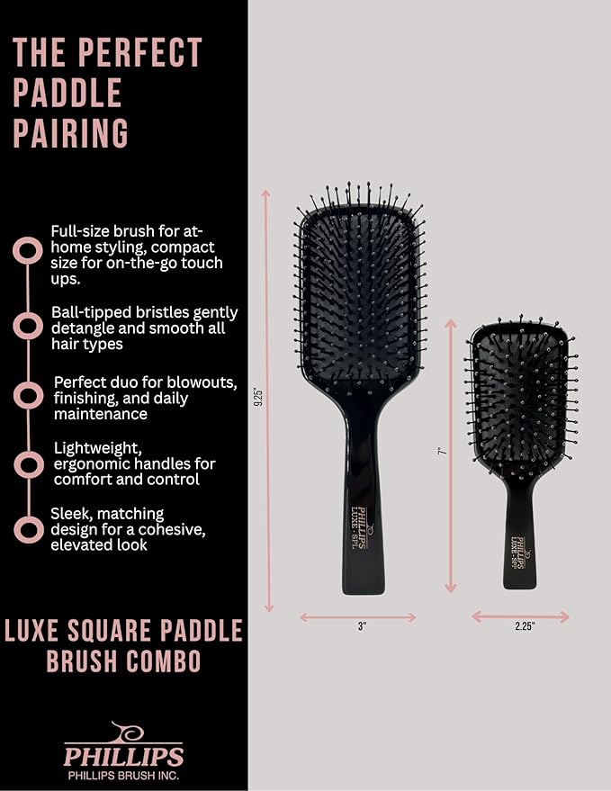 Phillips Brush Luxe Series Square Paddle Hairbrush Combo Pack – Full Sized 9.25 inch Detangler + 7 inch Purse Size Travel Detangler, Sleek Black Color with Gold Accents