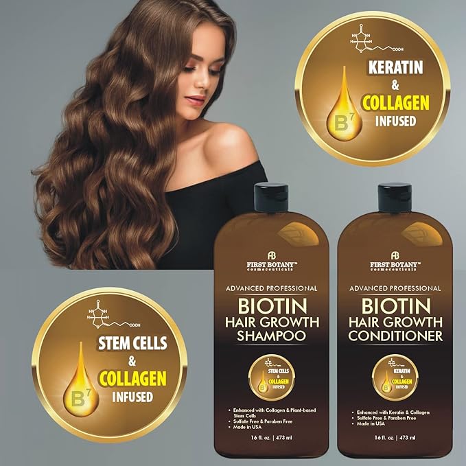 First Botany, Biotin Hair Growth Shampoo Conditioner Anti Hair Loss Thickening formula Collagen & Stem Cell For Hair Regrowth Anti Thinning Sulfate Free For Men Women Anti Dandruff Treatment 16 oz x2
