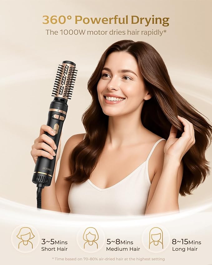 Rotating Hair Dryer Brush, Blow Dryer Brush with 2 Brushes (1.5" & 2") and Concentrator, Fast Drying, Straightening & Volumizing, Gold