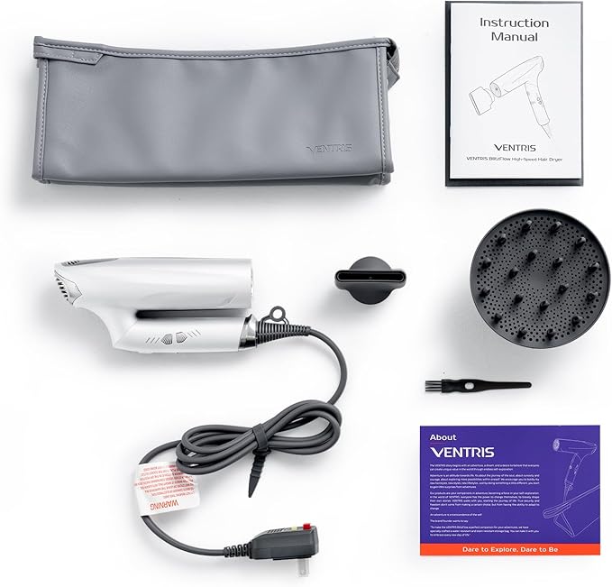 VENTRIS 1400W High-Speed Ionic Hair Dryer, Fast-Drying Lightweight Low-Noise Blow Dryer with Magnetic Diffuser & Concentrator, Cold Shot Button, BlitzFlow Series, Lucid White