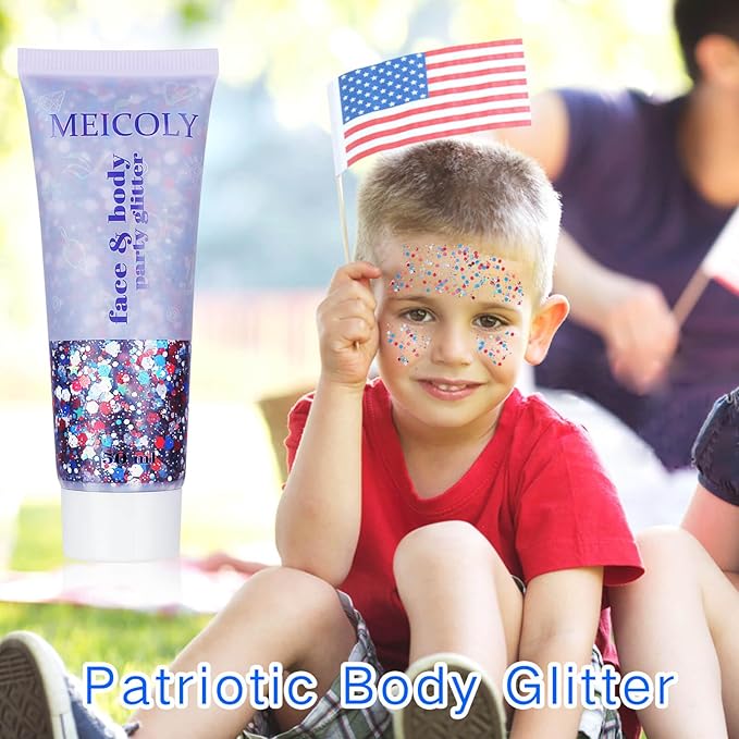 MEICOLY Red White and Blue Body Glitter,4th of July Accessories Hair Glitter for Kids,4th of July Outfits for Women,Fourth of July Patriotic Face Glitter for President's Day Veterans Day