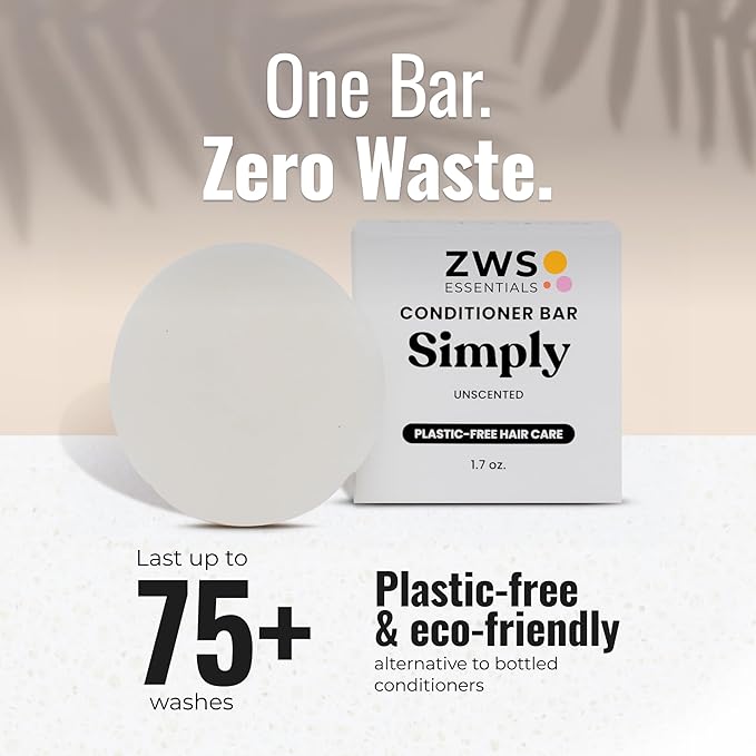 Simply Unscented Conditioner Bar, Vegan Solid Hair Conditioner for Sensitive Scalps & Fragrance-Free Care, Zero Waste, Travel-Friendly
