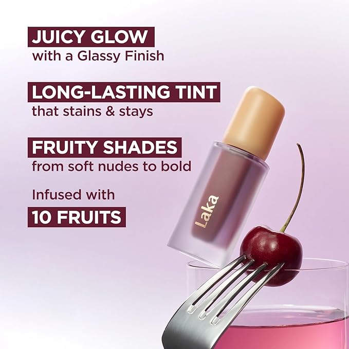 Laka Fruity Glam Tint, 4.5g/0.15oz, Glowing Lip Stain with Wide Color Spectrum, Hydrating & Lightweight Texture, Long-Lasting Bold Stain, Non-Sticky, Vegan, K-Beauty (#105 Cold)