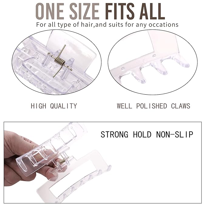 12 Pack Clear Square Claw Clips, Big and Small Neutral Rectangle Hair Claw Clips, Non-slip Matte Large Hair Clips for Women,Strong Hold jaw clip for Thick Thin Hair