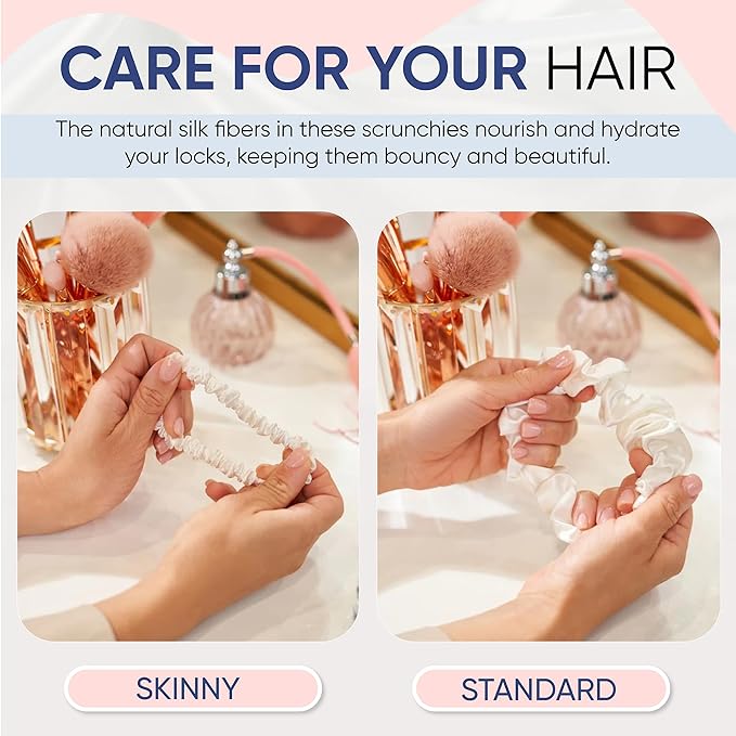 Blissy Silk Scrunchies (3 Pack) - 100% Pure Mulberry Silk - 22 Momme 6A High-Grade Fibers Scrunchie for Straight & Curly Hair - Preventing Breakage, Tangling, & Creasing (White Skinny)