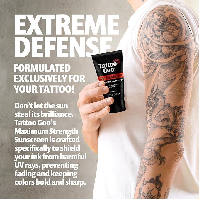 Tattoo Goo Zinc Oxide Mineral Sunscreen SPF 30 – Broad Spectrum UVA/UVB Protection, Tattoo Fade Shield, Non-Greasy, Fragrance-Free, 2 fl oz