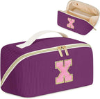 Personalized Initial Makeup Bag, Valentine's Day Gifts for Girls,Preppy Bag Cosmetic Travel Bag Women,Travel Toiletry Organizer,Large Capacity Corduroy Stuff Bag,Cute Cosmetic Pouch Skincare Bag