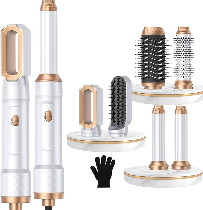 6 in 1 Air Styler Magic Hair Dryer Brush, Negative Ionic Blow Dryer Brush & 3 Heat Settings, Detachable Auto Curling & Straightening Volumizing, Frizz-Free Styling, Salon to Home Use (White-Blue)