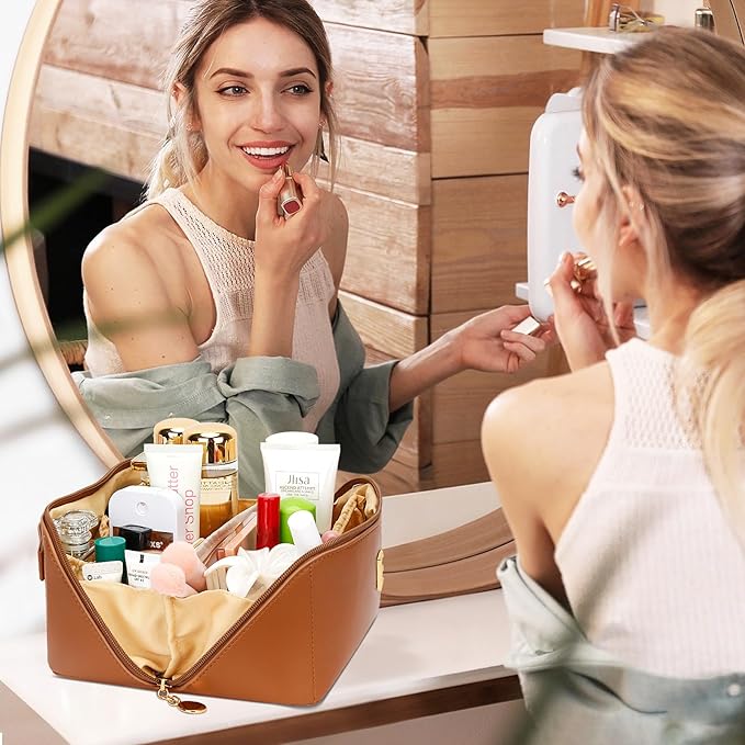 Birthday Gifts for Women Teen Girl, Personalized Initial Makeup Organizer Bag Set, Open Flat Travel Cosmetic Bag With Clear Divider and Handle(Brown,B)