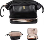 Make Up Bag-Initial Makeup Bags for Teens Girls, Dance Gifts Double Layer Cosmetic Bag with Makeup Brush Organizer, Teen Girl Gifts Trendy Stuff, Gifts for Friends Female Mom