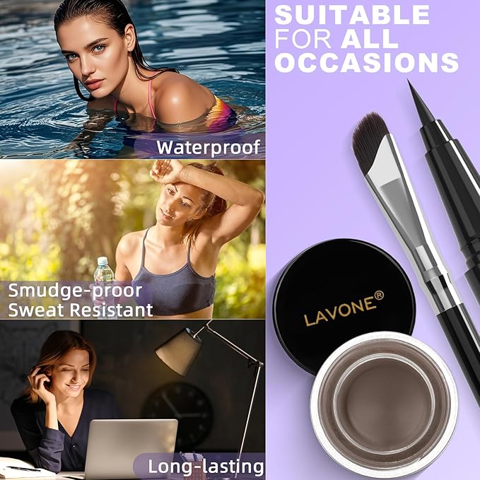 LAVONE Eyeliner Set - Waterproof Makeup Kit with Liquid Eye Liner Pencil, Gel Eyeliner and Angled Eye Liner Brush, Waterproof, Smudge Resistant, Long Lasting Formula - Light Brunette