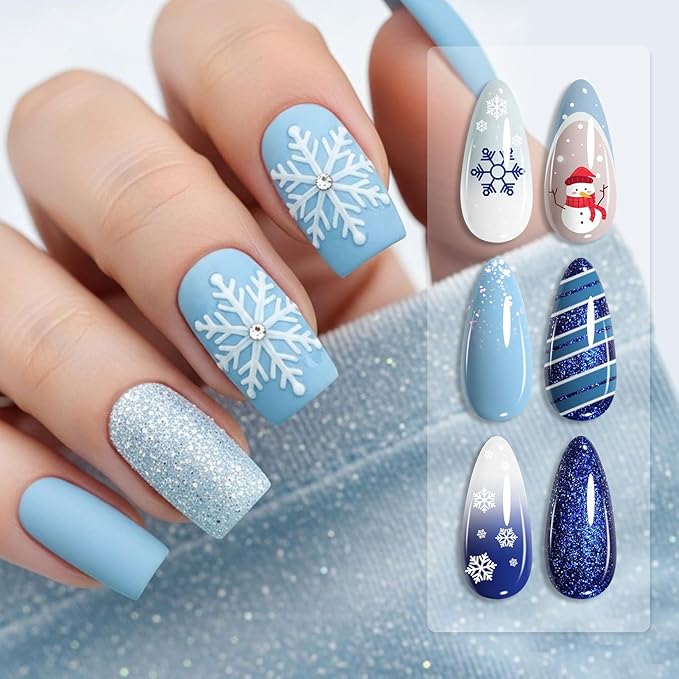 Born Pretty Christmas Blue Gel Nail Polish,Light Baby Sky Blue to Dark Navy Royal Shades 6 Colors Glitter Nail Gel Polish Kit Nail Art Manicure DIY Set Home and Salon Holiday Gifts